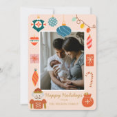 クリスマスのカラフルなオーナメントがかわいい家族写真 シーズンカード (正面)