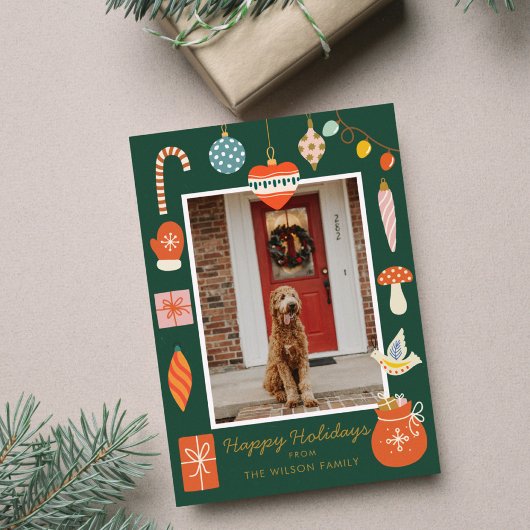 クリスマスのカラフルなオーナメントと家族の写真 シーズンカード