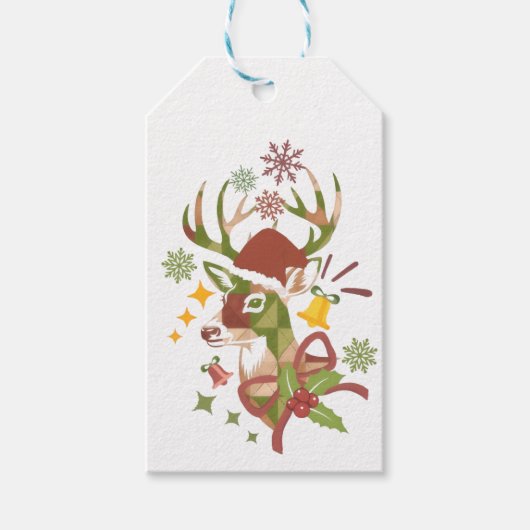 クリスマスのカラフルなシカのデザイン ギフトタグ (正面)