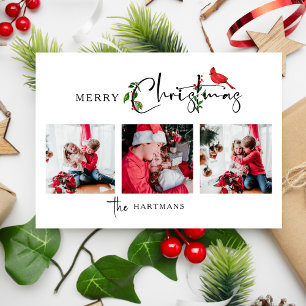 クリスマスのカリグラフィーと植物のモチーフが入った3枚の写真入りデザイン シーズンカード