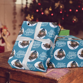 クリスマスのカリグラフィー丸型フォト ブルー ラッピングペーパー