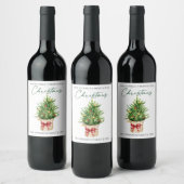 クリスマスのカリグラフィー インク 水彩 松 赤いリボン ワインラベル (ボトル)