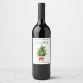 クリスマスのカリグラフィー インク 水彩 松 赤いリボン ワインラベル (正面)