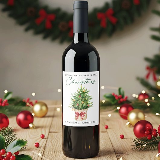 クリスマスのカリグラフィー インク 水彩 松 赤いリボン ワインラベル