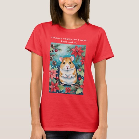 クリスマスのカロリー 楽しい 太った ネズミ Tシャツ (正面)