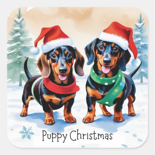 クリスマスのカワイイダックスフンドの子犬2匹 スクエアシール (正面)