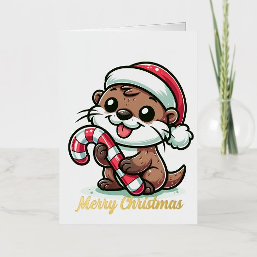 クリスマスのカワウソの漫画 箔グリーティングカード (正面)