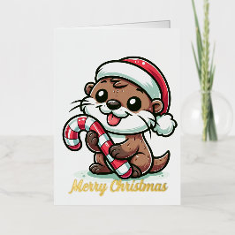 クリスマスのカワウソの漫画 箔グリーティングカード