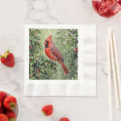 クリスマスのカーディナルとホリの葉 縁ありランチョンナプキン (インサイチュ)