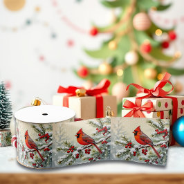 クリスマスのカーディナルとモミの枝 グログランリボン