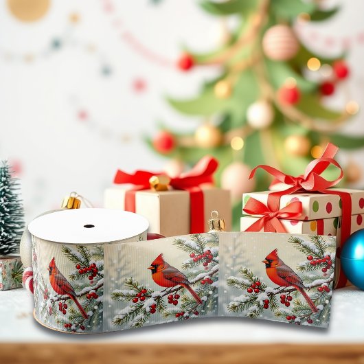 クリスマスのカーディナルとモミの枝 グログランリボン