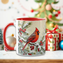 クリスマスのカーディナルとモミの枝 マグカップ