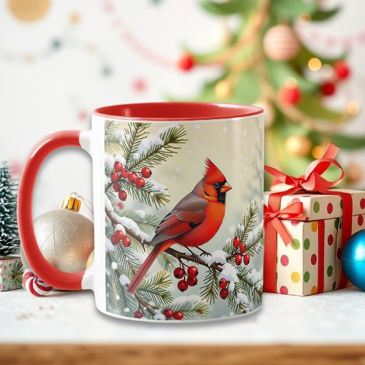 クリスマスのカーディナルとモミの枝 マグカップ