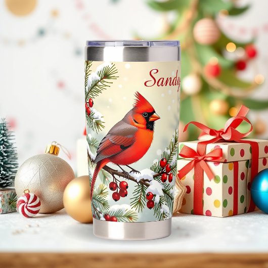 クリスマスのカーディナルとモミの枝 保温保冷タンブラー