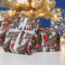 クリスマスのカーディナルと冬の帽子 ラッピングペーパー