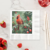 クリスマスのカーディナルと松の針 縁ありランチョンナプキン (インサイチュ)