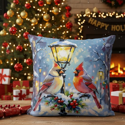 クリスマスのカーディナルと雪の街灯 クッション
