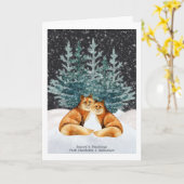 クリスマスのキツネのカップル ツリーと雪の水彩 カード (黄色い花)