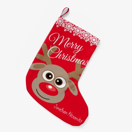 クリスマスのキャラクター+トナカイ 赤い名前入り スモールクリスマスストッキング (正面 (吊り時))