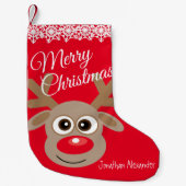 クリスマスのキャラクター+トナカイ 赤い名前入り スモールクリスマスストッキング (正面)