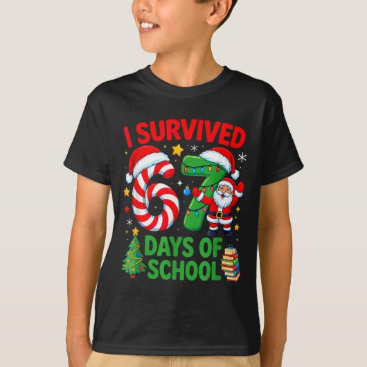 クリスマスのキャンディケイン 学校生活67日間を生き抜いた Tシャツ (正面)