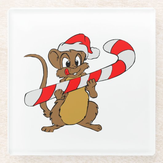 クリスマスのキャンディ・ケーンを持つマウス ガラスコースター (正面)