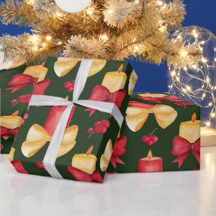 クリスマスのキャンドル、いちごのリボン ラッピングペーパー