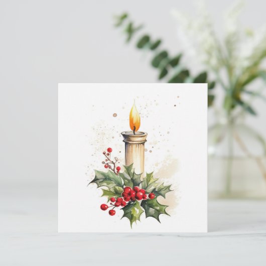 クリスマスのキャンドル ホーリーの葉と実の絵 シーズンカード (スタンド正面)
