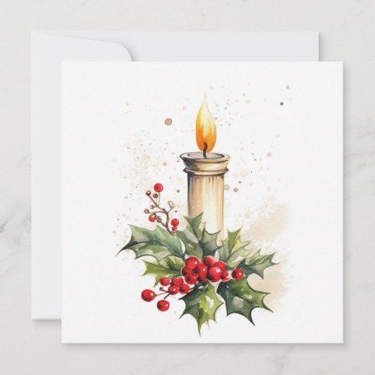クリスマスのキャンドル ホーリーの葉と実の絵 シーズンカード (正面)