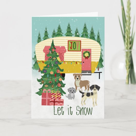 クリスマスのキャンピングカーと犬たち 雪を降らせて カード (正面)