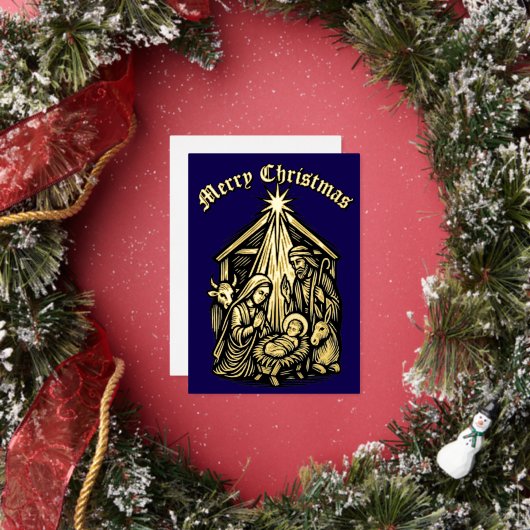 クリスマスのキリスト降誕のレトロな中世の木版画 箔シーズンカード (インサイチュ)