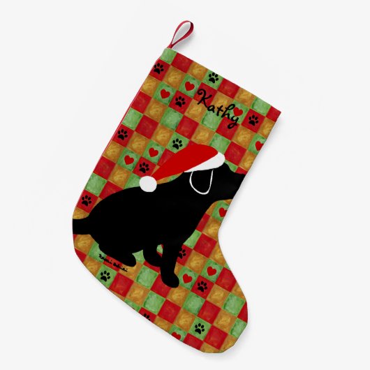 クリスマスのキルトの黒のラブラドールの子犬 スモールクリスマスストッキング (正面 (吊り時))