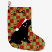 クリスマスのキルトの黒のラブラドールの子犬 スモールクリスマスストッキング (正面)