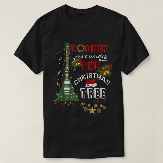 クリスマスのギターの木をめぐってロックするサンタ帽子 Tシャツ (デザイン正面)