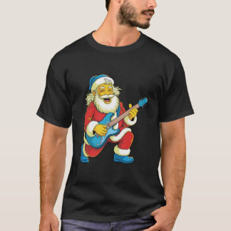 クリスマスのギター演奏を楽しむサンタ Tシャツ