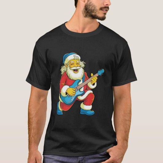 クリスマスのギター演奏を楽しむサンタ Tシャツ (正面)
