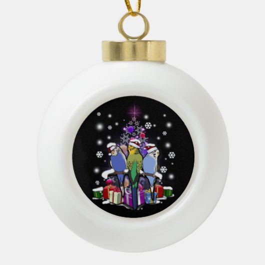 クリスマスのギフトおよび雪片とのセキセイインコ セラミックボールオーナメント (正面)