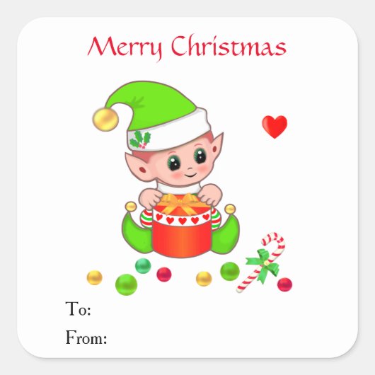 クリスマスのギフトと引き出物にぴったりな可愛いエルフ スクエアシール (正面)