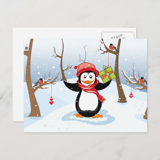 クリスマスのギフトの冬の景色のペンギン シーズンポストカード (正面/裏面)