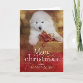 クリスマスのギフトを持つSamoyedの小犬 シーズンカード (正面)