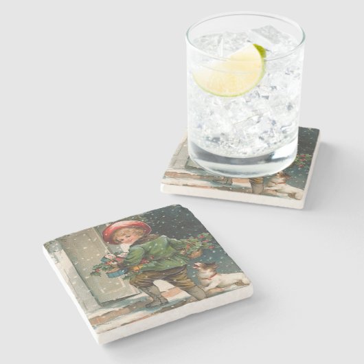 クリスマスのギフトを渡すヴィンテージ ストーンコースター (横)