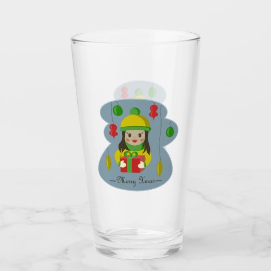 クリスマスのギフトボックスを持つ女の子 タンブラーグラス (正面)