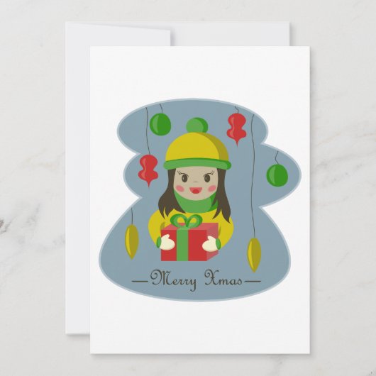 クリスマスのギフトボックスを持つ女の子 招待状 (正面)