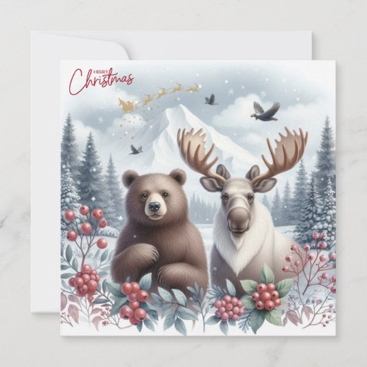 クリスマスのクマ、ヘラジカと美しい自然 シーズンカード (正面)