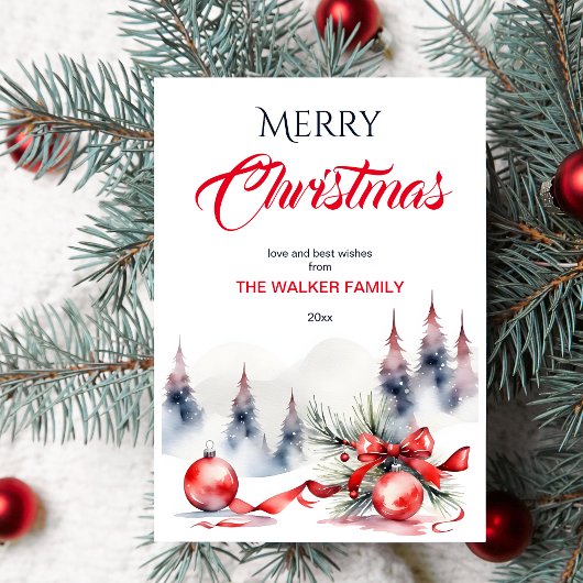 クリスマスのクラシックな赤い飾りと松の木 シーズンカード