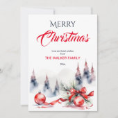 クリスマスのクラシックな赤い飾りと松の木 シーズンカード (正面)