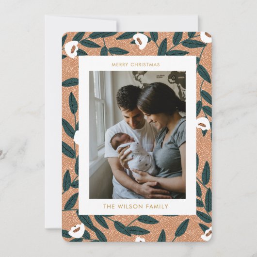 クリスマスのグリーンがキュートな家族写真のホリデー シーズンカード (正面)