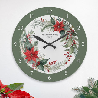 クリスマスのグリーンとポインセチア オーダーメイド ラージ壁時計