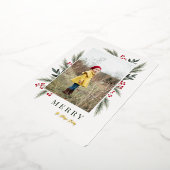 クリスマスのグリーンと実のフレーム写真 箔シーズンカード (回転した状態)