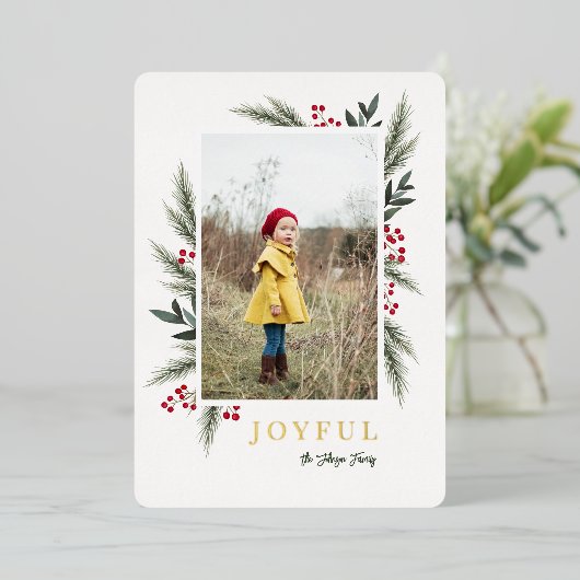 クリスマスのグリーンと実のフレーム写真 箔シーズンカード (立ち正面)